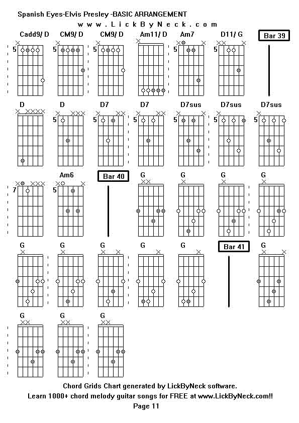 Chord Grids Chart of chord melody fingerstyle guitar song-Spanish Eyes-Elvis Presley -BASIC ARRANGEMENT,generated by LickByNeck software.